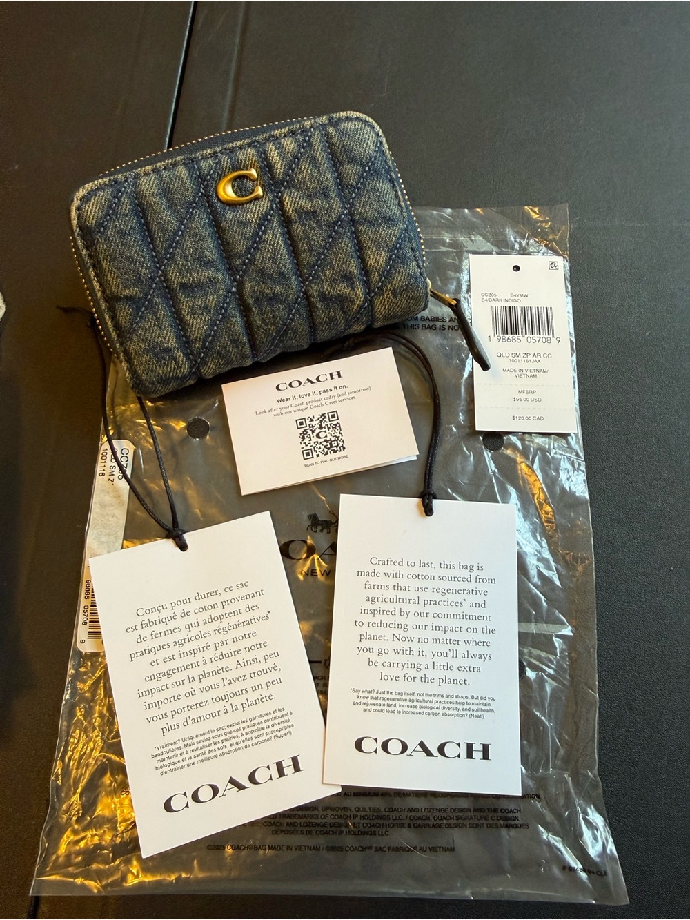 Coach Quilted Denim Zip Wallet in Indigo with Gold C
